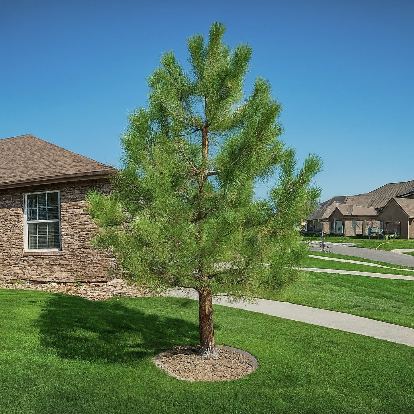 Landscaping example of a Ponderosa Pine tree showing it's long needles.