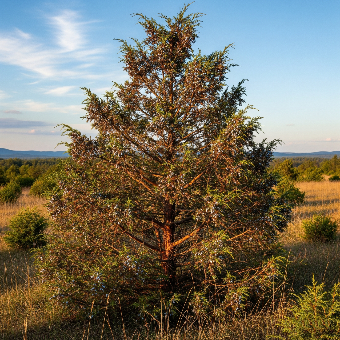 Example of a naturally growing Eastern Red Cedar in a field.